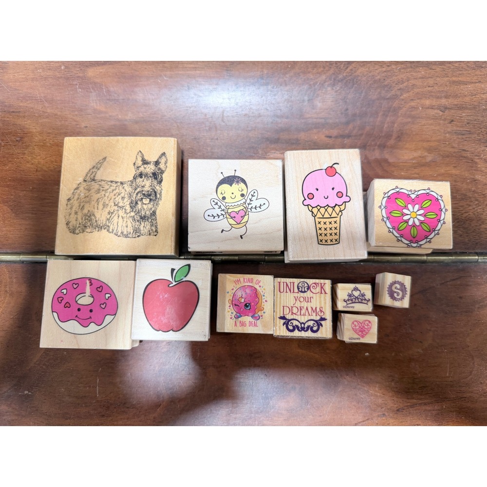 Mixed Lot 11 Wood Mounted Rubber Stamps Disney Shopkins Dog Food Hearts Craft
